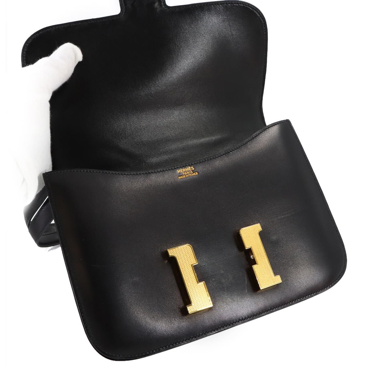 Hermes Constance 23 Guilloche Shoulder Bag Box Calf Leather Black