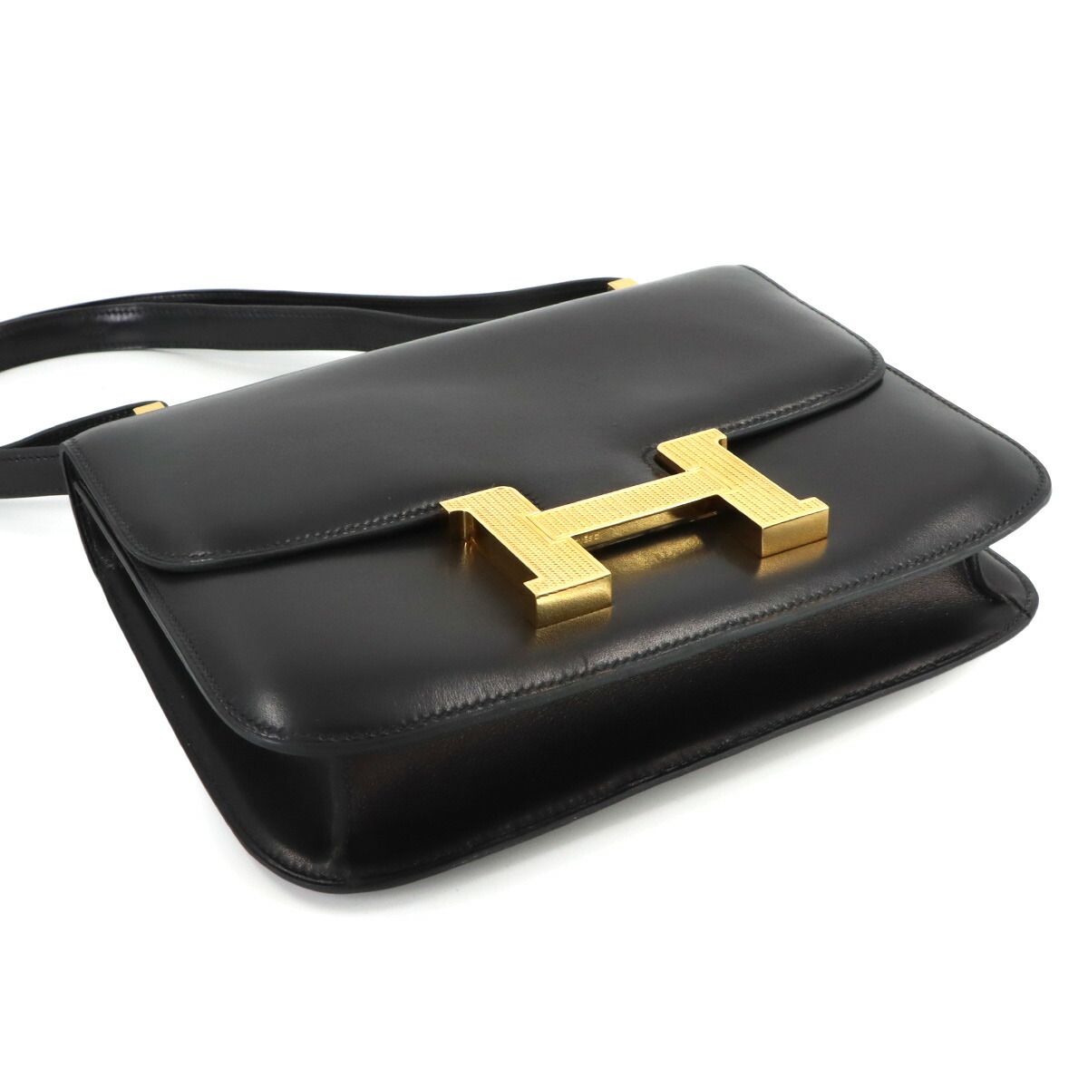 Hermes Constance 23 Guilloche Shoulder Bag Box Calf Leather Black