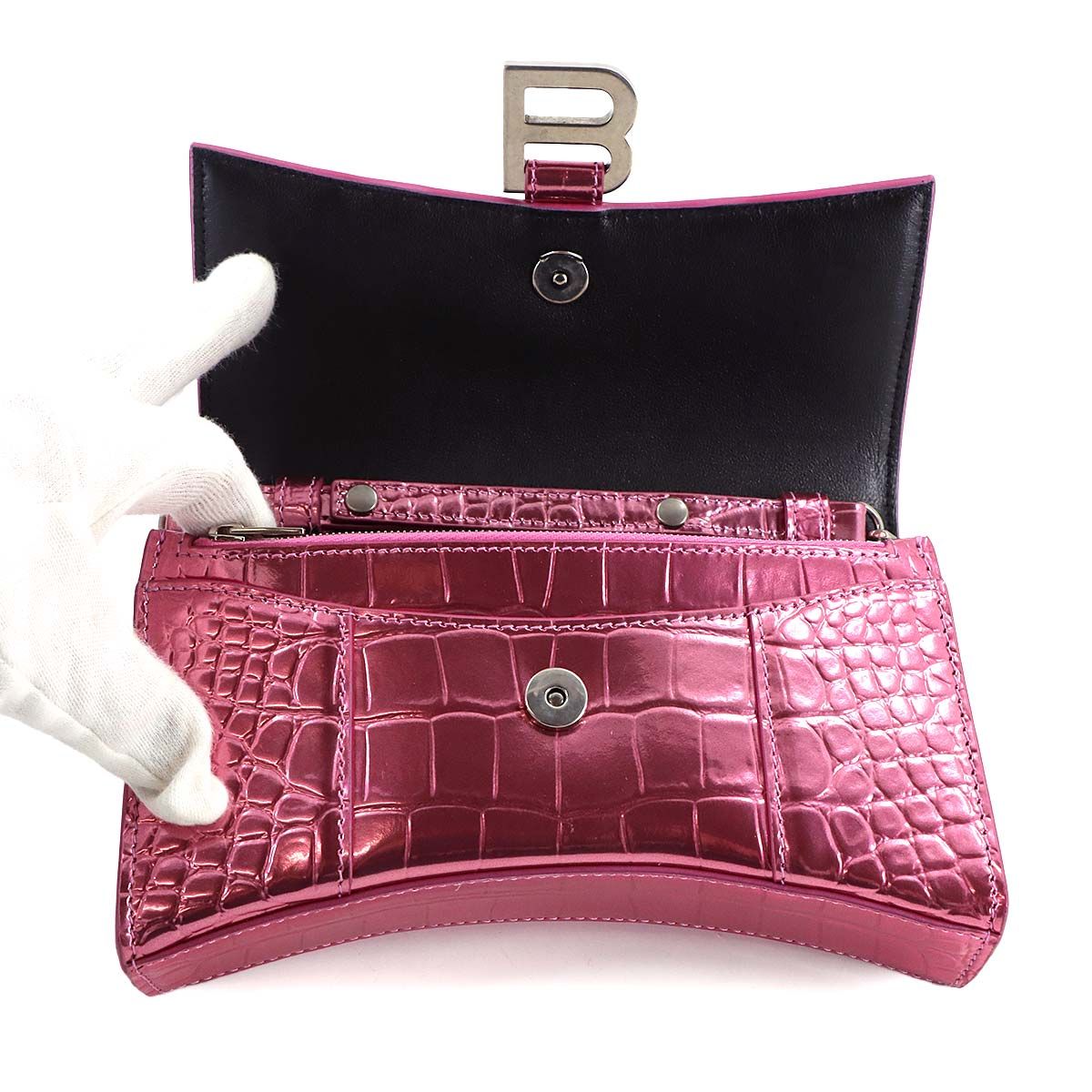 Balenciaga Hourglass Chain Wallet Bifold Leather Croco