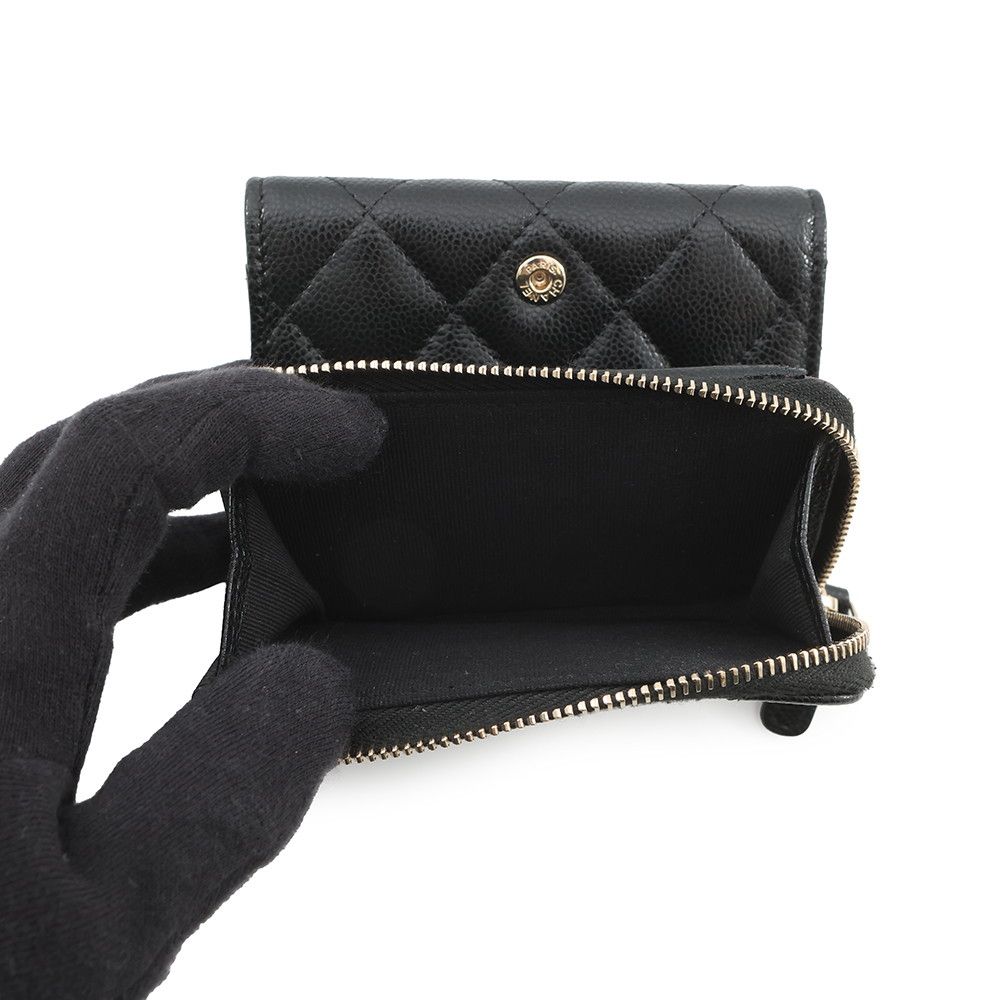 Chanel Trifold Wallet Classic Small Flap Zip Caviar Leather Black