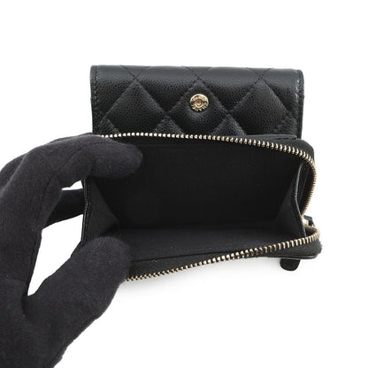 Chanel Trifold Wallet Classic Small Flap Zip Caviar Leather Black