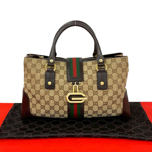 Gucci Sherry Line GG Logo Canvas Leather Tote Brown Red Green