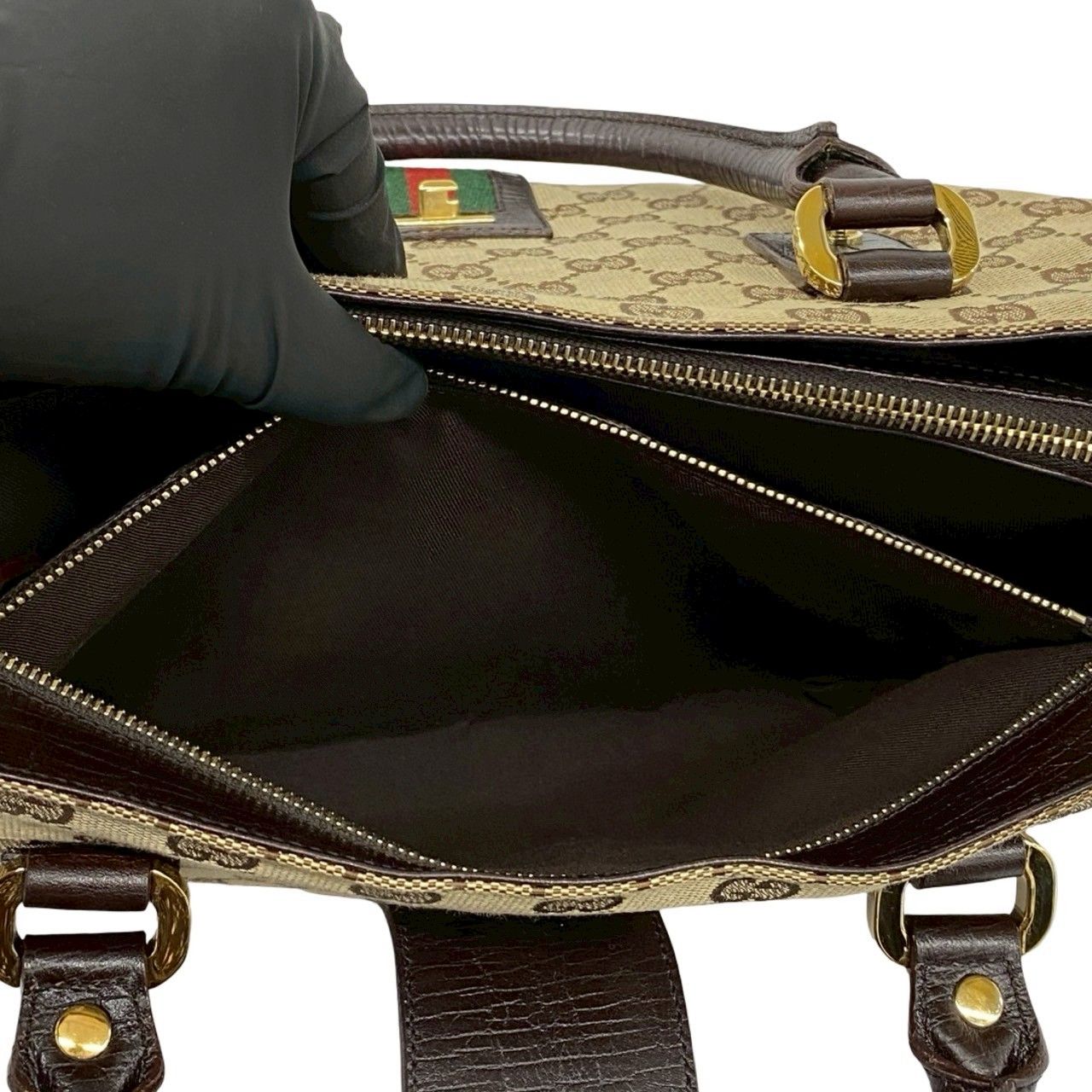 Gucci Sherry Line GG Logo Canvas Leather Tote Brown Red Green