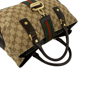 Gucci Sherry Line GG Logo Canvas Leather Tote Brown Red Green
