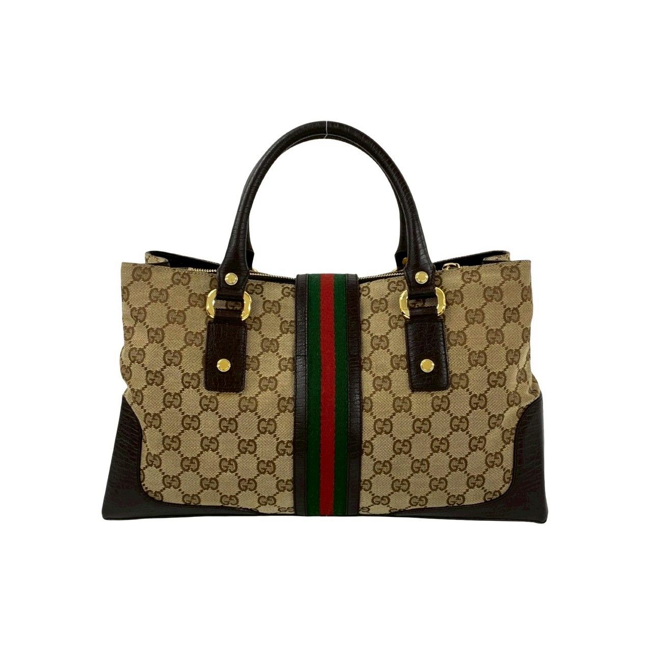 Gucci Sherry Line GG Logo Canvas Leather Tote Brown Red Green