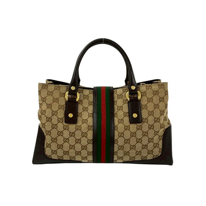 Gucci Sherry Line GG Logo Canvas Leather Tote Brown Red Green