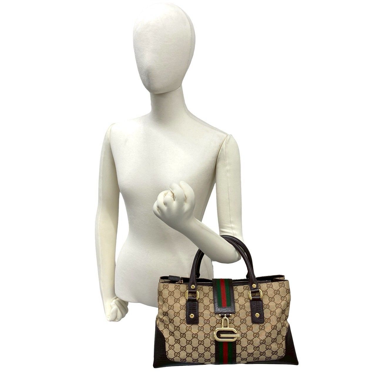 Gucci Sherry Line GG Logo Canvas Leather Tote Brown Red Green