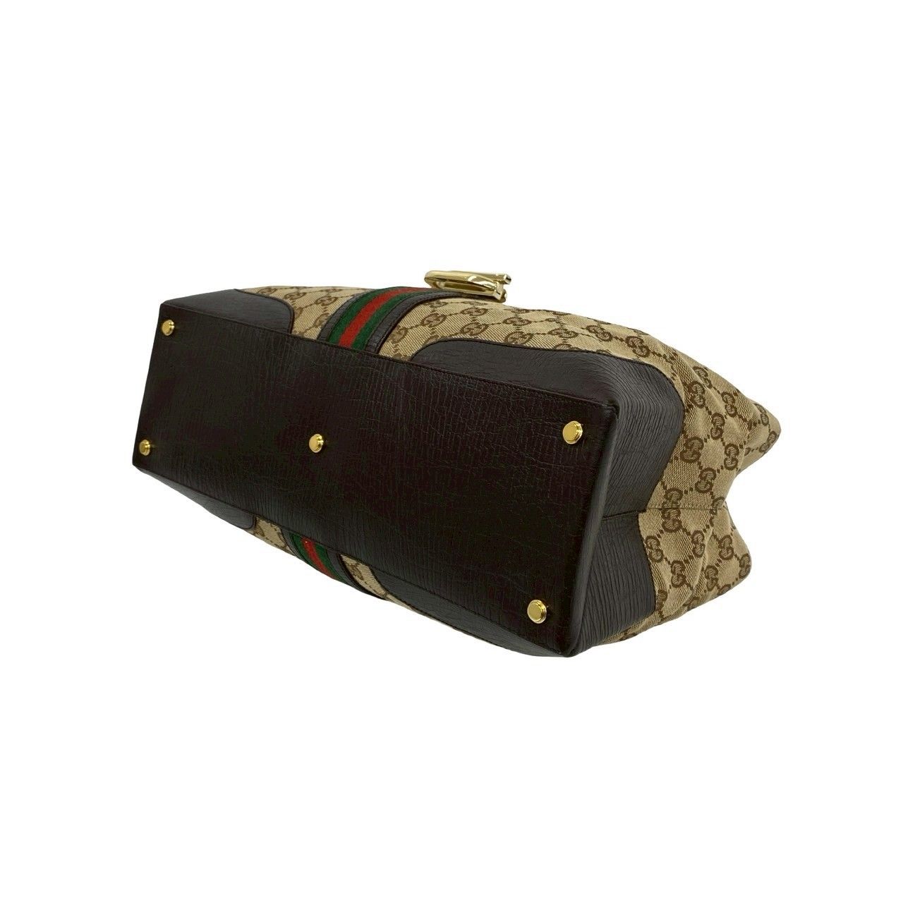 Gucci Sherry Line GG Logo Canvas Leather Tote Brown Red Green