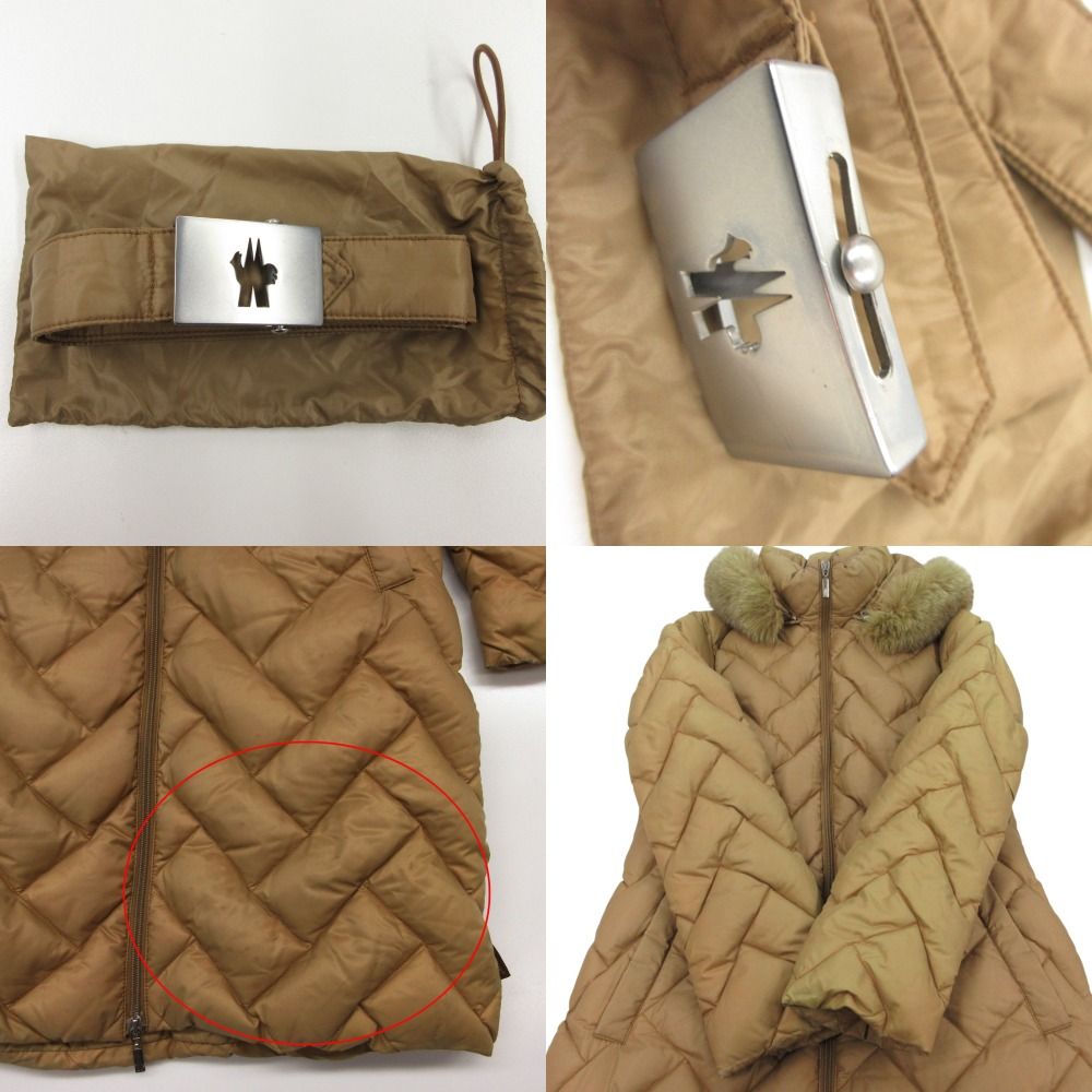 Moncler Down Jacket Brown Tag Quilted Coat Detachable Fur Beige