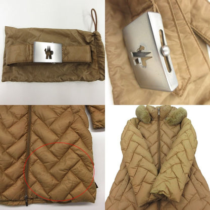 Moncler Down Jacket Brown Tag Quilted Coat Detachable Fur Beige