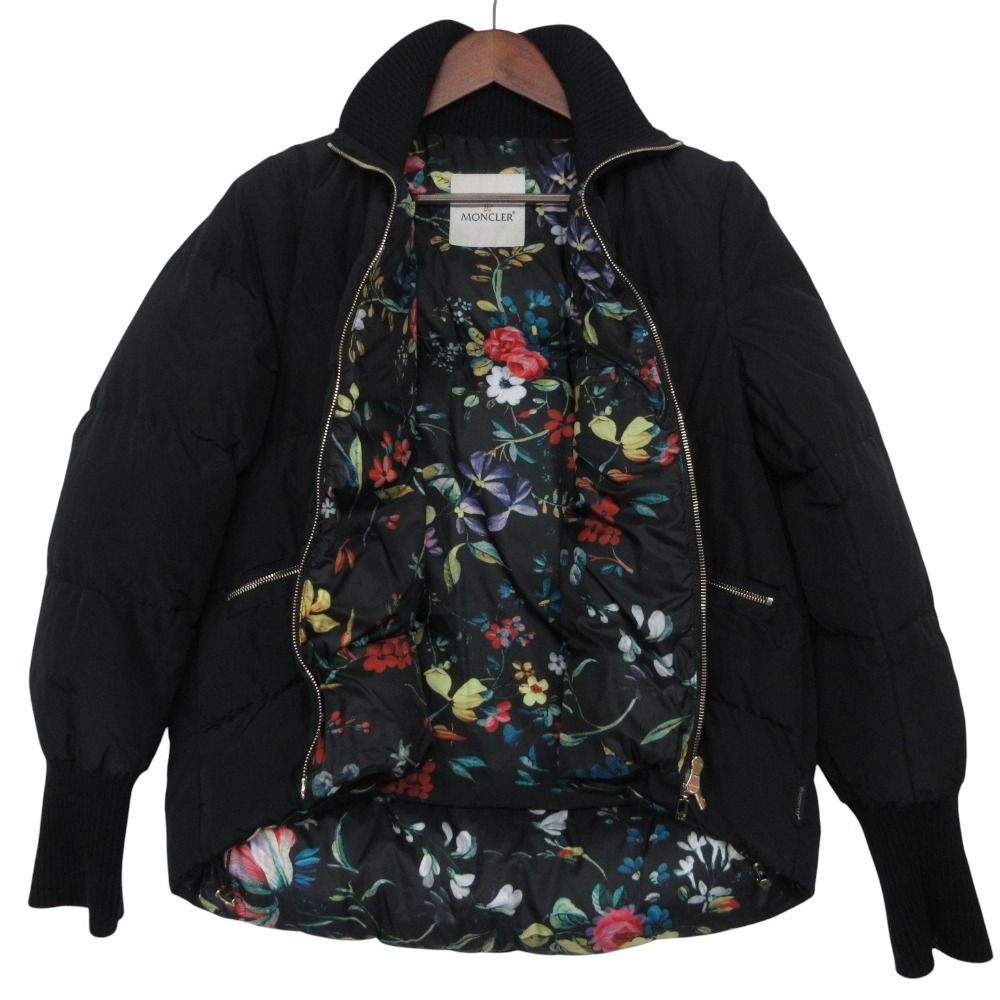 Moncler Down Jacket Zoe Zip Up Outer Short Length Tropical Pattern Lining Black