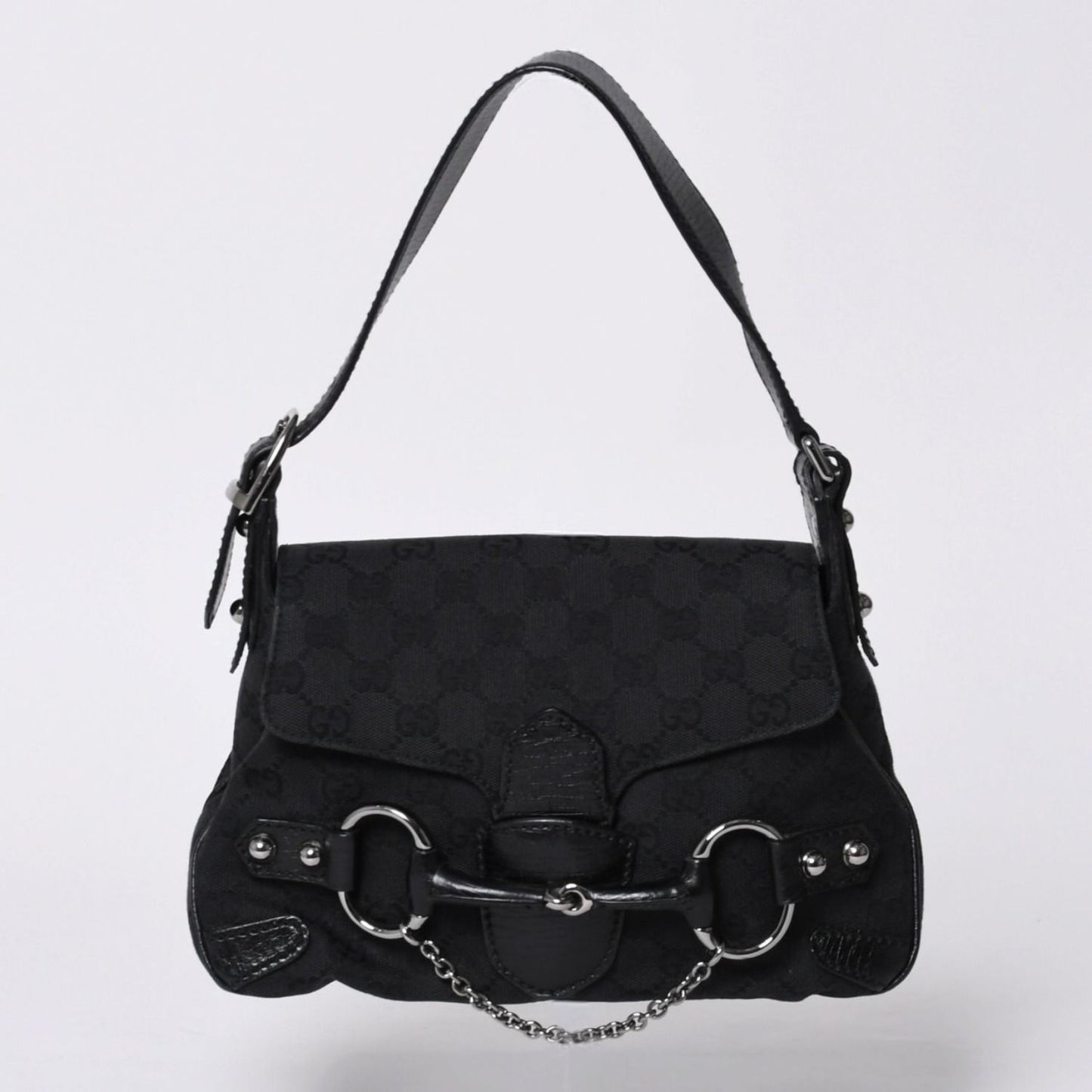 Gucci Horsebit Hobo Handbag GG Canvas Leather Black Silver