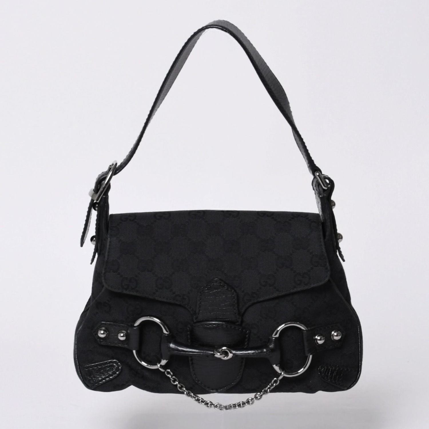 Gucci Horsebit Hobo Handbag GG Canvas Leather Black Silver