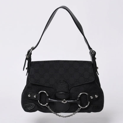 Gucci Horsebit Hobo Handbag GG Canvas Leather Black Silver