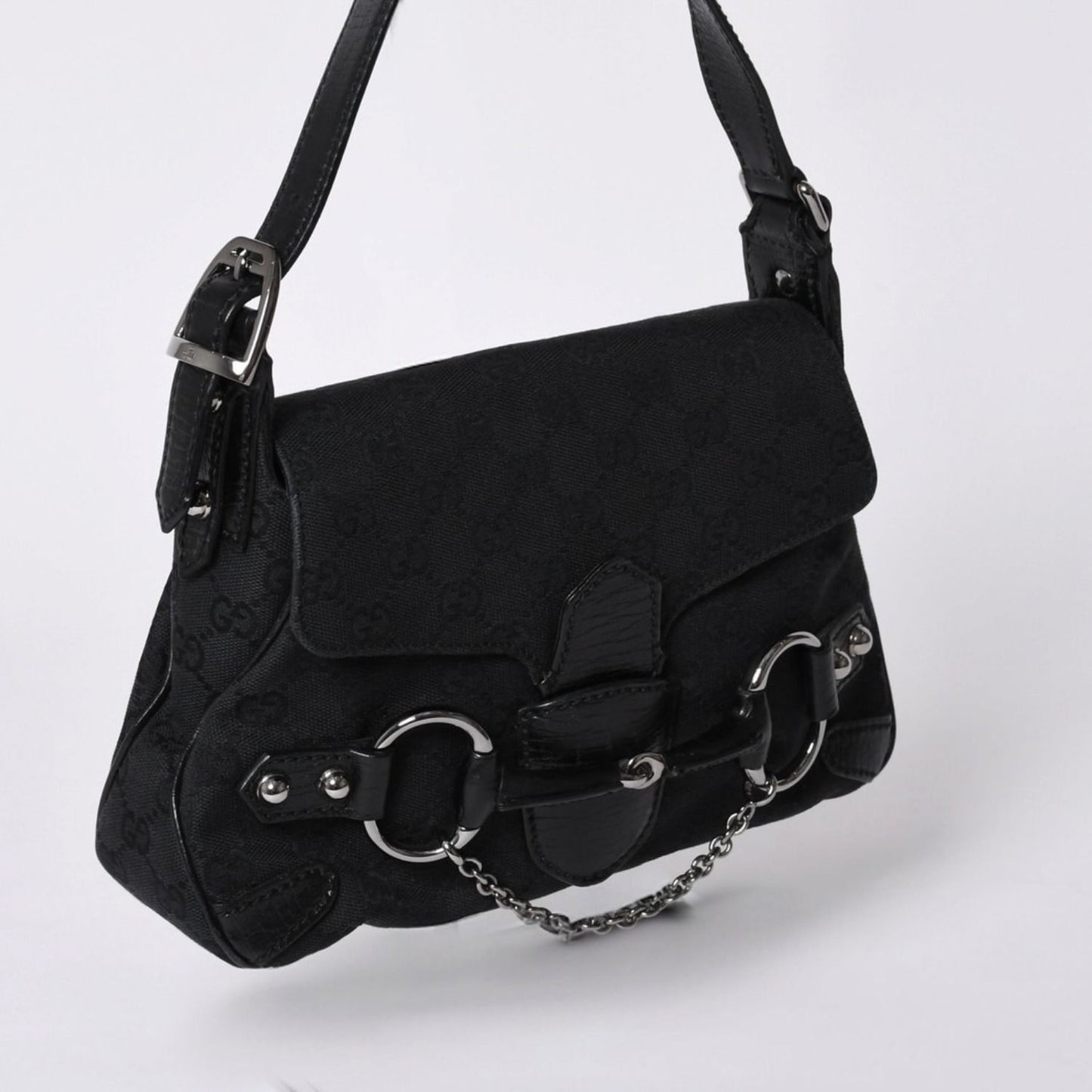 Gucci Horsebit Hobo Handbag GG Canvas Leather Black Silver — view 3