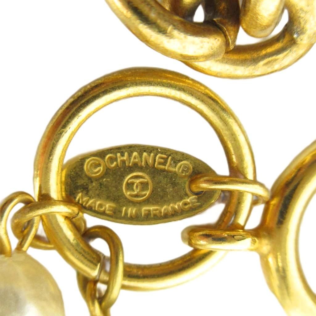 Chanel Necklace Logo Chain Faux Pearl 2 Rows Gold