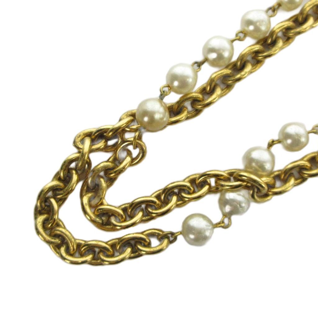 Chanel Necklace Logo Chain Faux Pearl 2 Rows Gold