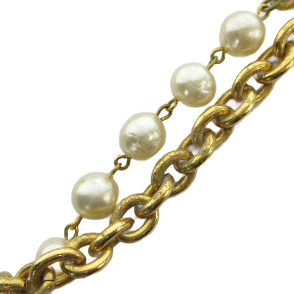 Chanel Necklace Logo Chain Faux Pearl 2 Rows Gold