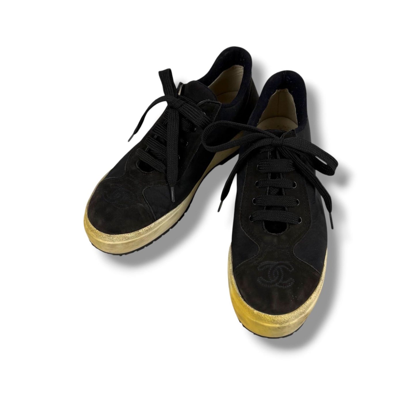 Chanel CC Logo Low Cut Sneakers Black Nylon Leather — view 2