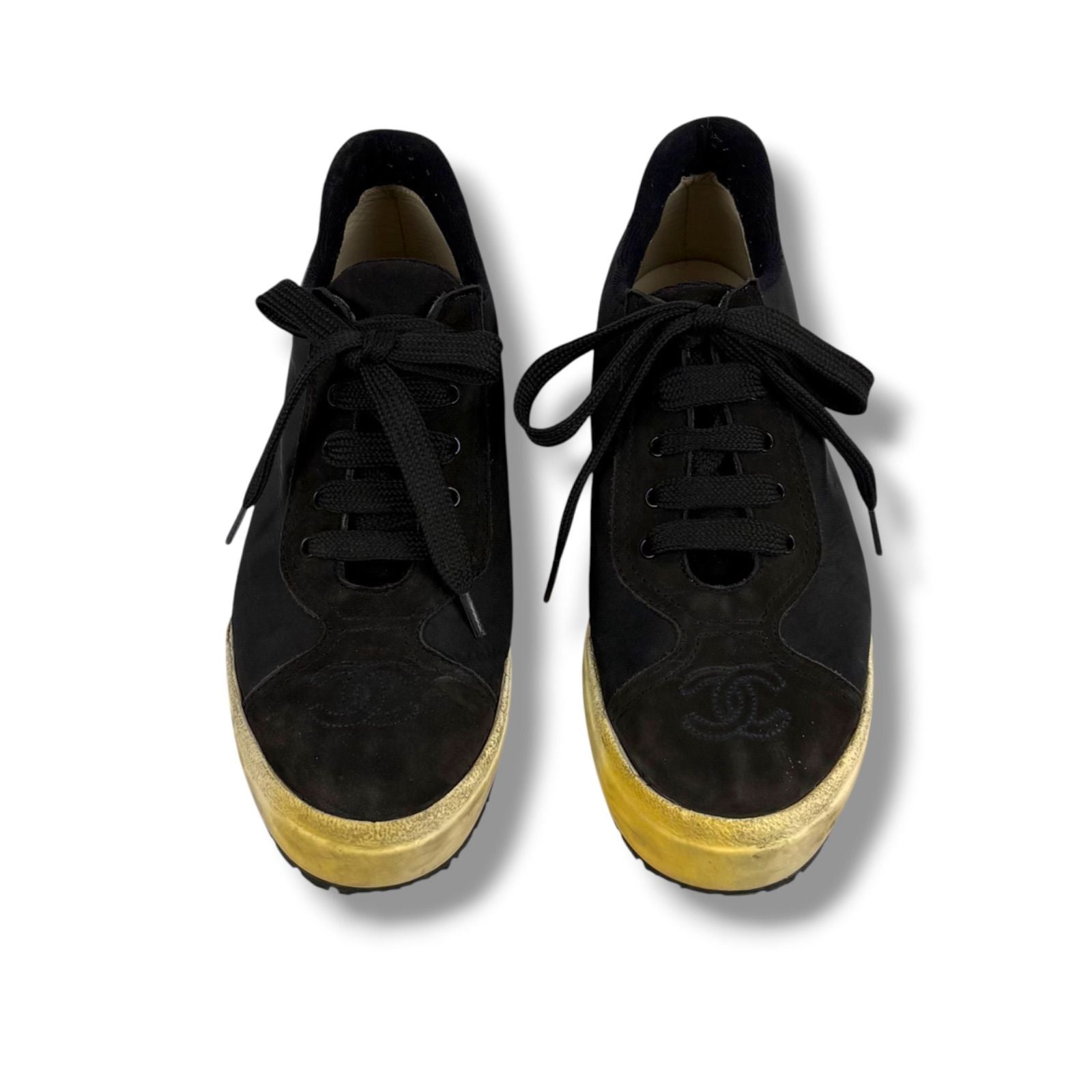 Chanel CC Logo Low Cut Sneakers Black Nylon Leather — view 4
