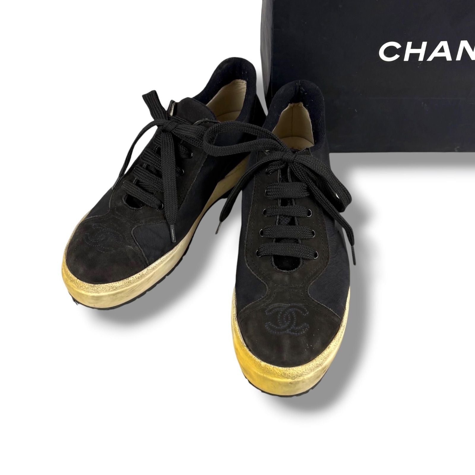 Chanel CC Logo Low Cut Sneakers Black Nylon Leather