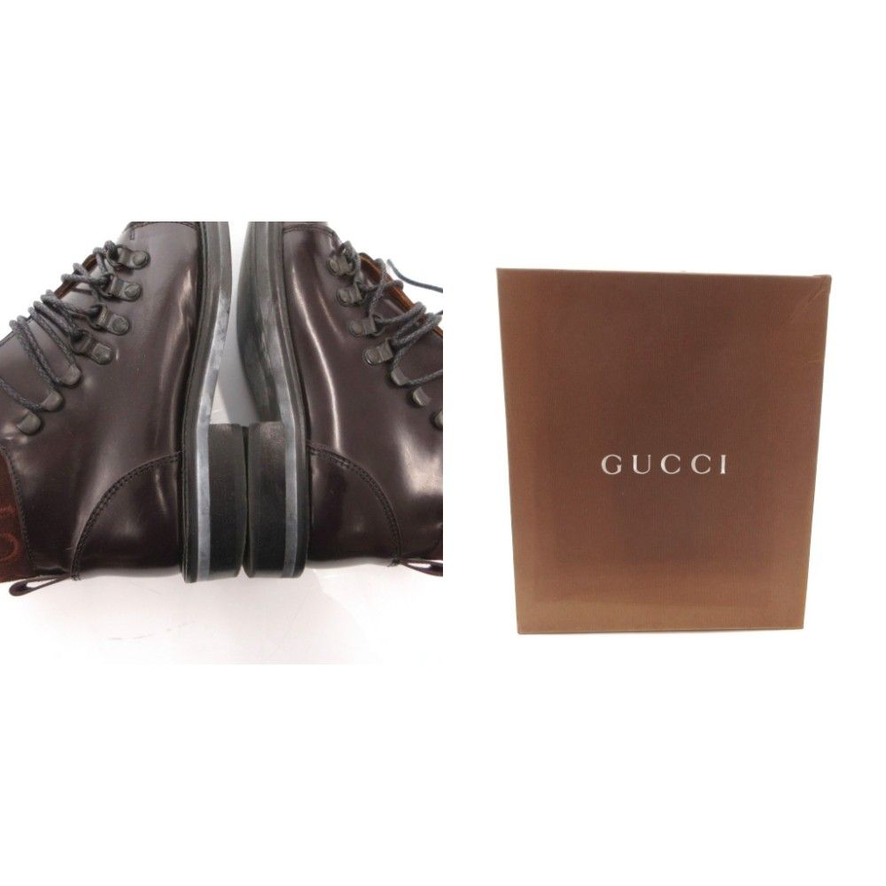 Gucci Short Boots Lace Up Logo Suede Leather Square Toe 37.5 Brown