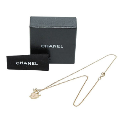 Chanel CC Logo Heart & Aro Line Stone Pendant Necklace Gold Pink Plated Enamel