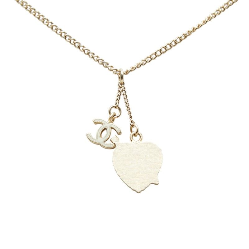 Chanel CC Logo Heart & Aro Line Stone Pendant Necklace Gold Pink Plated Enamel