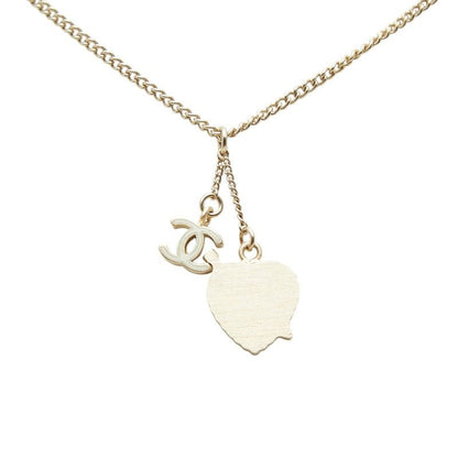Chanel CC Logo Heart & Aro Line Stone Pendant Necklace Gold Pink Plated Enamel