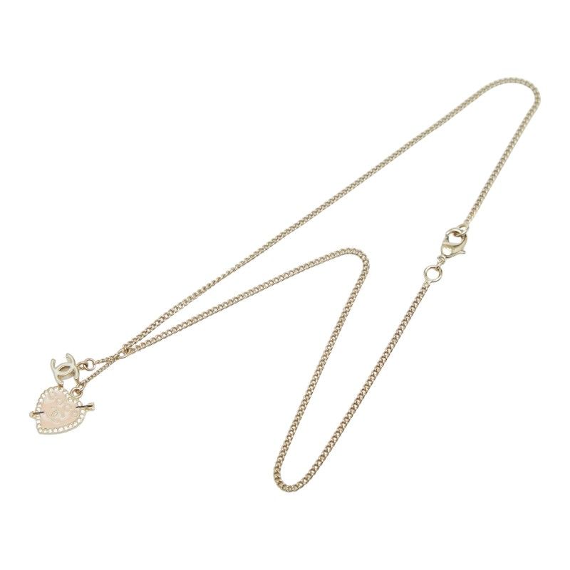 Chanel CC Logo Heart & Aro Line Stone Pendant Necklace Gold Pink Plated Enamel