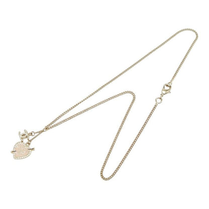 Chanel CC Logo Heart & Aro Line Stone Pendant Necklace Gold Pink Plated Enamel