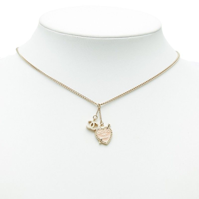 Chanel CC Logo Heart & Aro Line Stone Pendant Necklace Gold Pink Plated Enamel