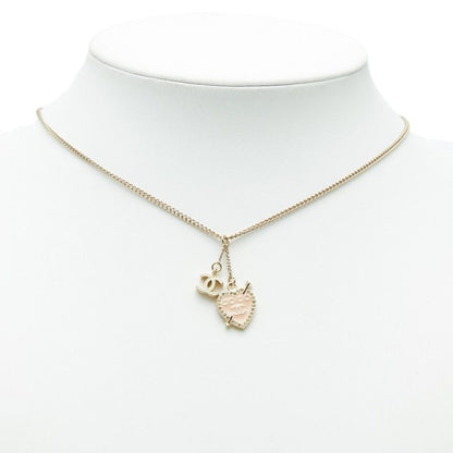 Chanel CC Logo Heart & Aro Line Stone Pendant Necklace Gold Pink Plated Enamel