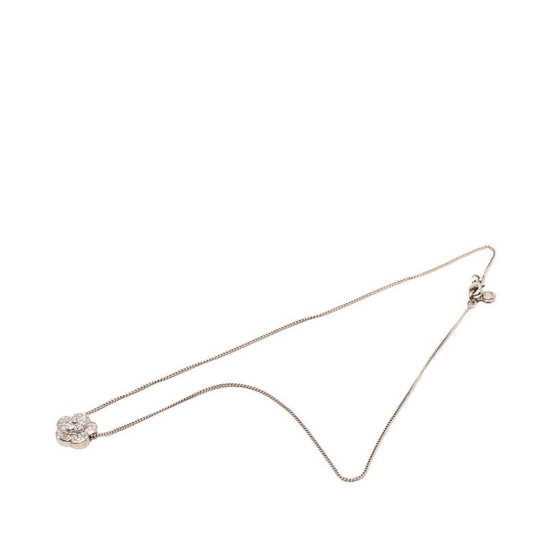 Chanel Camellia CC Logo Flower Pendant Necklace Silver Line Stone Metal