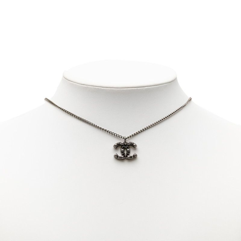 Chanel CC Logo Studs Pendant Necklace Black Metal