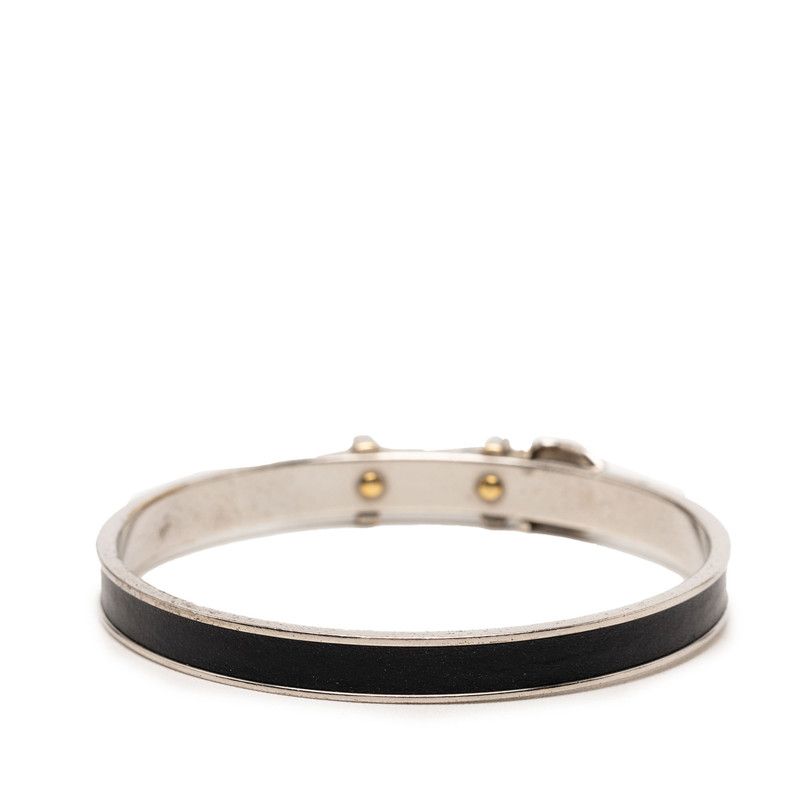 Hermes Belt Motif Bangle Silver Black Metal Leather Bracelet