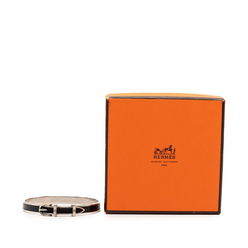 Hermes Belt Motif Bangle Silver Black Metal Leather Bracelet