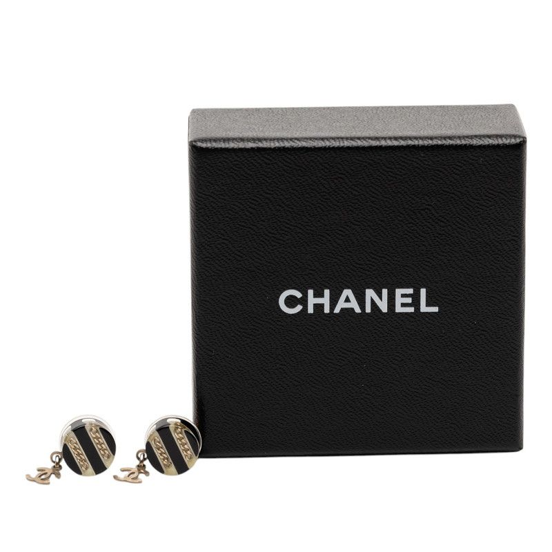 Chanel CC Logo Chain Border Earrings Gold Black Plated Plastic