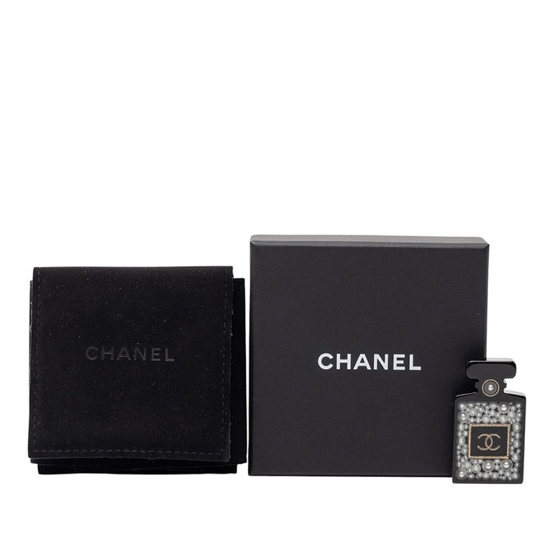 Chanel CC Logo Perfume Bottle Motif Brooch Black White Gold Plastic Plated