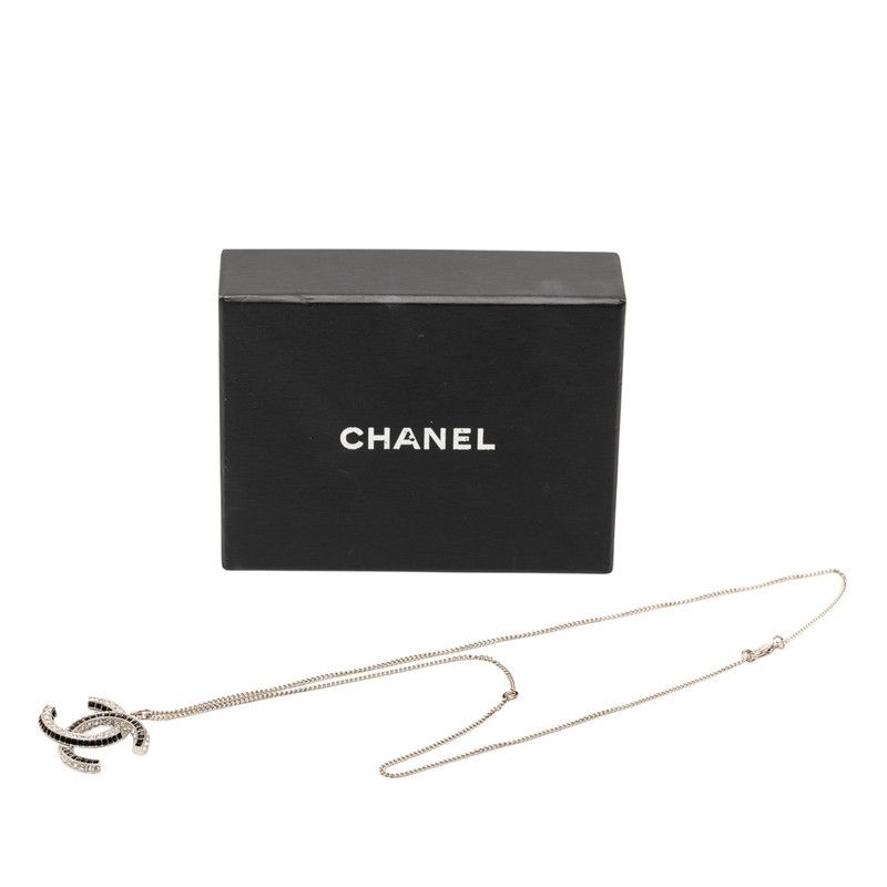 Chanel CC Logo Line Stone Necklace Silver Black Metal