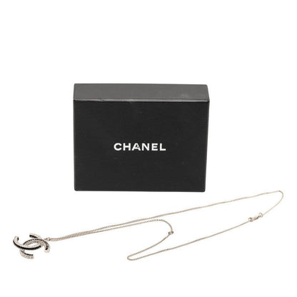 Chanel CC Logo Line Stone Necklace Silver Black Metal