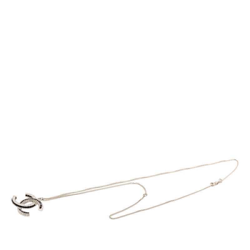 Chanel CC Logo Line Stone Necklace Silver Black Metal