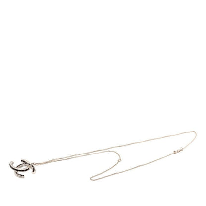 Chanel CC Logo Line Stone Necklace Silver Black Metal
