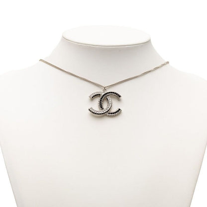 Chanel CC Logo Line Stone Necklace Silver Black Metal