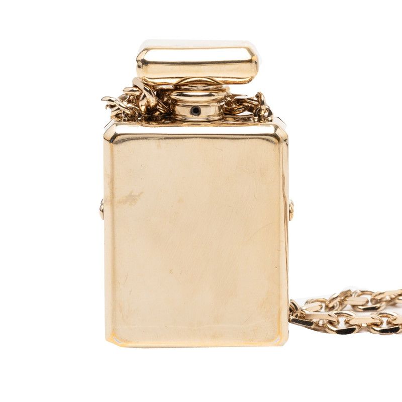 Chanel CC Logo Perfume Bottle Chain Pendant Necklace Gold Plated Faux Pearl