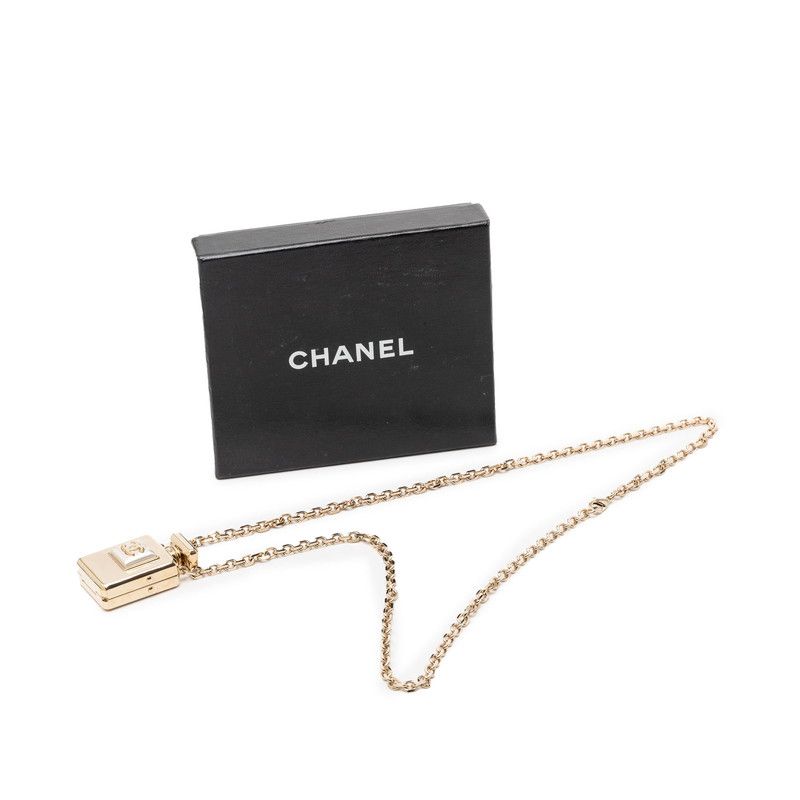Chanel CC Logo Perfume Bottle Chain Pendant Necklace Gold Plated Faux Pearl