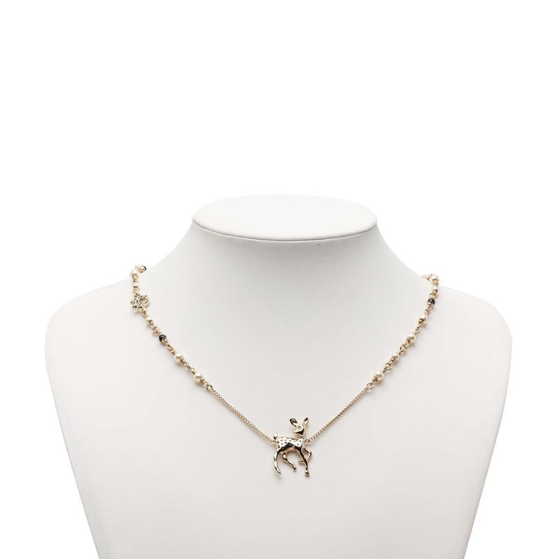 Chanel CC Logo Deer Motif Chain Pendant Necklace Gold Plated Faux Pearl Line