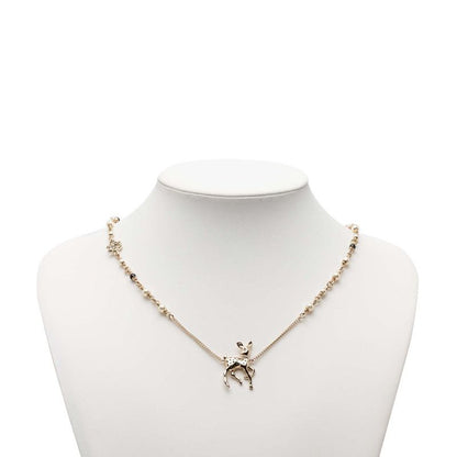 Chanel CC Logo Deer Motif Chain Pendant Necklace Gold Plated Faux Pearl Line