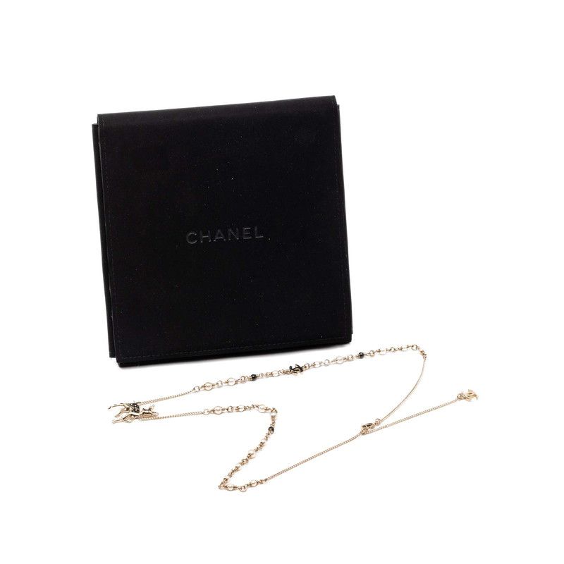 Chanel CC Logo Deer Motif Chain Pendant Necklace Gold Plated Faux Pearl Line