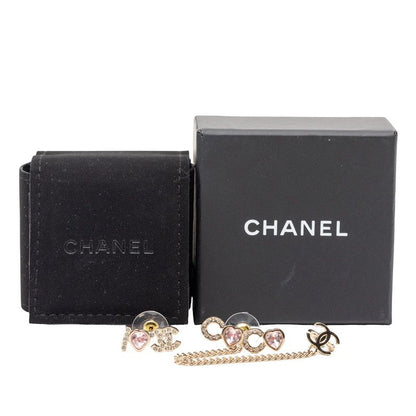 Chanel I Love CC Logo Heart Line Stone Earrings Gold Pink Plated